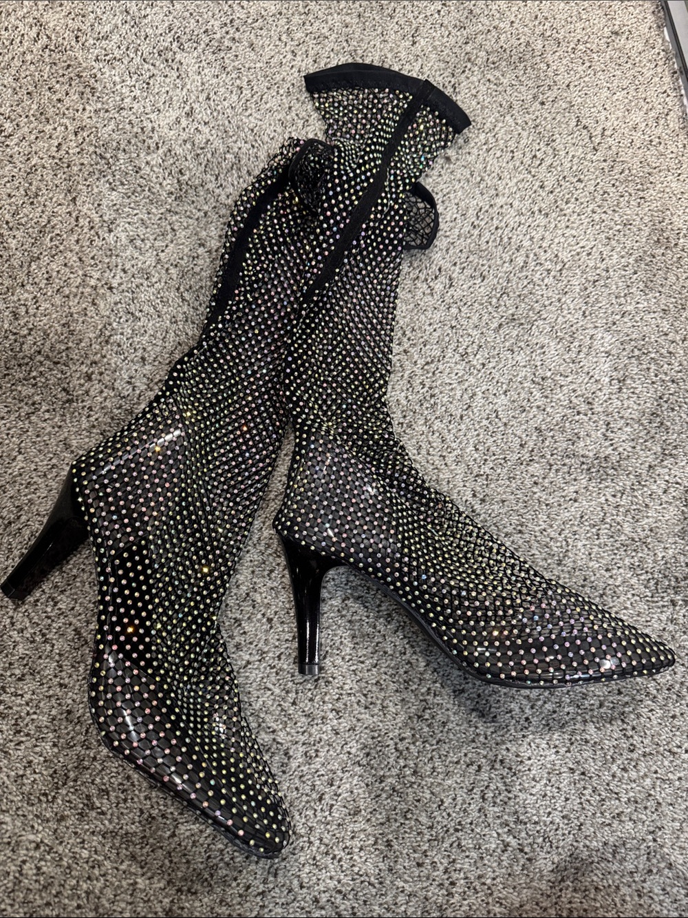 Black Crystal-Embellished Sock Heeled Boots - Women's Evening Boots